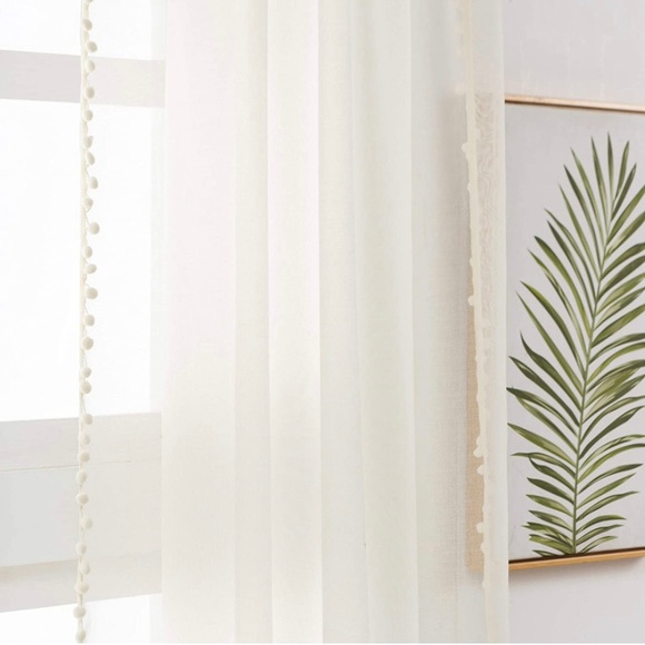 NWT Sheer Ivory curtain panels with pom pom trim - set of 2 - Picture 7 of 13